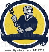 Vector Clip Art of Retro Male Lacrosse Player in a Blue White and Yellow Circle with a Banner by Patrimonio