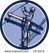 Vector Clip Art of Retro Male Lineman Working on a Pole in a Blue White and Purple Circle by Patrimonio