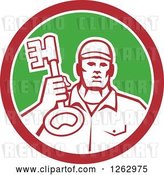 Vector Clip Art of Retro Male Locksmith Holding up a Key in a Red White and Green Circle by Patrimonio