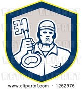 Vector Clip Art of Retro Male Locksmith Holding up a Key in a Yellow Blue and Gray Shield by Patrimonio