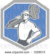 Vector Clip Art of Retro Male Locksmith with a Key in a Blue and Gray Shield by Patrimonio