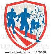 Vector Clip Art of Retro Male Marathon Runner Ahead of Others over an American Shield by Patrimonio