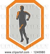 Vector Clip Art of Retro Male Marathon Runner in a Gray and Orange Shield by Patrimonio