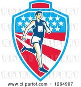 Vector Clip Art of Retro Male Marathon Runner over a Mountain American Stars and Stripes Shield by Patrimonio
