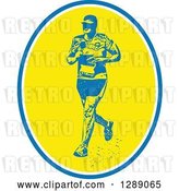 Vector Clip Art of Retro Male Marathon Runner with in a Blue White and Yellow Oval by Patrimonio