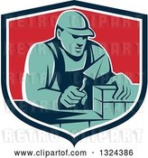 Vector Clip Art of Retro Male Mason Worker Laying a Brick Wall in a Blue White and Red Shield by Patrimonio