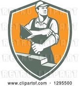 Vector Clip Art of Retro Male Mason Worker Rolling up His Sleeves and Laying a Brick Wall in a Shield by Patrimonio