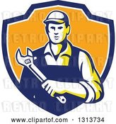 Vector Clip Art of Retro Male Mechanic Holding a Giant Adjustable Wrench in a Blue White and Orange Shield by Patrimonio
