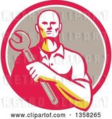 Vector Clip Art of Retro Male Mechanic Holding a Giant Wrench over His Chest in a Pink White and Taupe Circle by Patrimonio