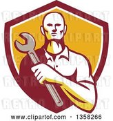 Vector Clip Art of Retro Male Mechanic Holding a Giant Wrench over His Chest in a Shield by Patrimonio