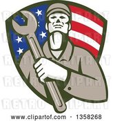 Vector Clip Art of Retro Male Mechanic Holding a Giant Wrench over His Chest in an American Flag Shield by Patrimonio