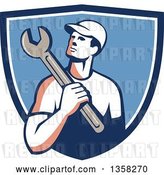 Vector Clip Art of Retro Male Mechanic Holding a Giant Wrench over His Shoulder in a Blue and White Shield by Patrimonio