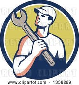 Vector Clip Art of Retro Male Mechanic Holding a Giant Wrench over His Shoulder in a Blue White and Green Circle by Patrimonio