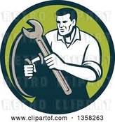 Vector Clip Art of Retro Male Mechanic Holding a Wrench and Shield in a Green Circle by Patrimonio