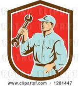 Vector Clip Art of Retro Male Mechanic Holding a Wrench in a Brown White and Red Shield by Patrimonio