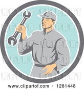 Vector Clip Art of Retro Male Mechanic Holding a Wrench in a Gray White and Blue Circle by Patrimonio