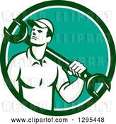 Vector Clip Art of Retro Male Mechanic Holding a Wrench over His Shoulder in a Green White and Turquoise Circle by Patrimonio