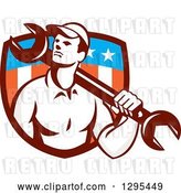 Vector Clip Art of Retro Male Mechanic Holding a Wrench over His Shoulder in an American Shield by Patrimonio