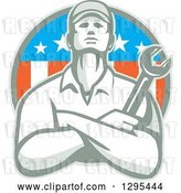 Vector Clip Art of Retro Male Mechanic Holding a Wrench with Folded Arms in an American Circle by Patrimonio