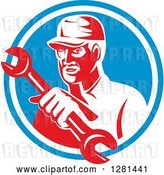 Vector Clip Art of Retro Male Mechanic Holding out a Wrench in a Blue and White Circle by Patrimonio