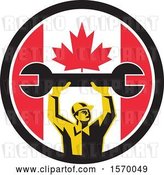 Vector Clip Art of Retro Male Mechanic Holding up a Giant Wrench in a Canadian Flag Circle by Patrimonio