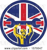 Vector Clip Art of Retro Male Mechanic Holding up a Giant Wrench in a Union Jack Flag Circle by Patrimonio