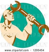 Vector Clip Art of Retro Male Mechanic Holding up a Wrench in a Turquoise Circle by Patrimonio