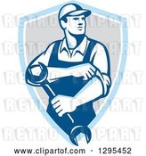 Vector Clip Art of Retro Male Mechanic Rolling up His Sleeves and Holding a Wrench in a Blue White and Gray Shield by Patrimonio