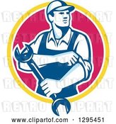 Vector Clip Art of Retro Male Mechanic Rolling up His Sleeves and Holding a Wrench in a Yellow White and Pink Circle by Patrimonio