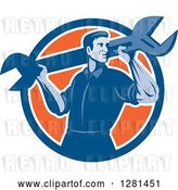 Vector Clip Art of Retro Male Mechanic with a Giant Wrench on His Shoulders in a Blue White and Orange Circle by Patrimonio
