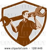 Vector Clip Art of Retro Male Mechanic with a Giant Wrench on His Shoulders in a Brown White and Gray Shield by Patrimonio