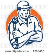 Vector Clip Art of Retro Male Mechanic with Folded Arms, Holding a Wrench in a Gray and Orange Circle by Patrimonio