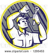 Vector Clip Art of Retro Male Mechanic Working Uner a Car Chassis in a Yellow White and Gray Circle by Patrimonio