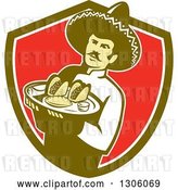 Vector Clip Art of Retro Male Mexican Chef Wearing a Sombrero and Holding a Tray of Tacos, Burritos and Empanadas in a Green White and Red Shield by Patrimonio