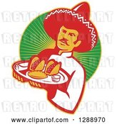 Vector Clip Art of Retro Male Mexican Chef Wearing a Sombrero and Holding a Tray of Tacos, Burritos and Empanadas over a Circle of Rays by Patrimonio