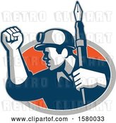 Vector Clip Art of Retro Male Miner Holding up a Fountain Pen and a Fist and Emerging from an Oval by Patrimonio