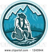 Vector Clip Art of Retro Male Miner Panning for Gold in a Mountainous River by Patrimonio