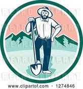 Vector Clip Art of Retro Male Miner Prospector Resting a Foot on a Shovel in a Green White and Pink Circle by Patrimonio