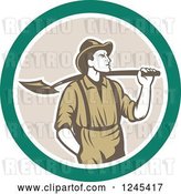 Vector Clip Art of Retro Male Miner with a Shovel over His Shoulder in a Circle by Patrimonio