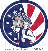 Vector Clip Art of Retro Male Mover Holding a House in an American Flag Circle by Patrimonio