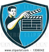 Vector Clip Art of Retro Male Movie Director Holding up a Clapperboard in a Green White and Blue Shield by Patrimonio