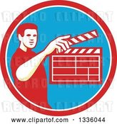 Vector Clip Art of Retro Male Movie Director Holding up a Clapperboard in a Red White and Blue Circle by Patrimonio