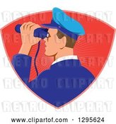 Vector Clip Art of Retro Male Navy Captiain Viewing Through Binoculars in a Red Ray Shield by Patrimonio