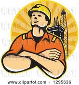 Vector Clip Art of Retro Male off Shore Worker and Oil Platform in a Circle of Orange Sunshine by Patrimonio