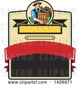 Vector Clip Art of Retro Male Organic Farmer Carrying a Bushel of Harvest Produce, in a Circle Against a Barn and Silo over a Badge by Patrimonio