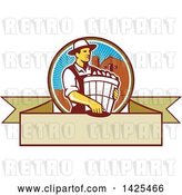 Vector Clip Art of Retro Male Organic Farmer Carrying a Bushel of Harvest Produce, in a Circle Against a Barn and Silo, over a Blank Ribbon Banner by Patrimonio