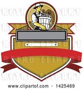 Vector Clip Art of Retro Male Organic Farmer Carrying a Bushel of Harvest Produce, in a Circle Against a Barn and Silo over a Crest by Patrimonio