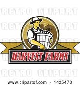 Vector Clip Art of Retro Male Organic Farmer Carrying a Bushel of Produce, in a Circle Against a Barn and Silo, over a Harvest Farms Ribbon Banner by Patrimonio