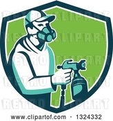 Vector Clip Art of Retro Male Painter Using a Spray Gun in a Blue White and Green Shield by Patrimonio