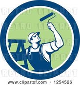 Vector Clip Art of Retro Male Painter with a Ladder and Roller Brush in a Blue and Orange Circle by Patrimonio
